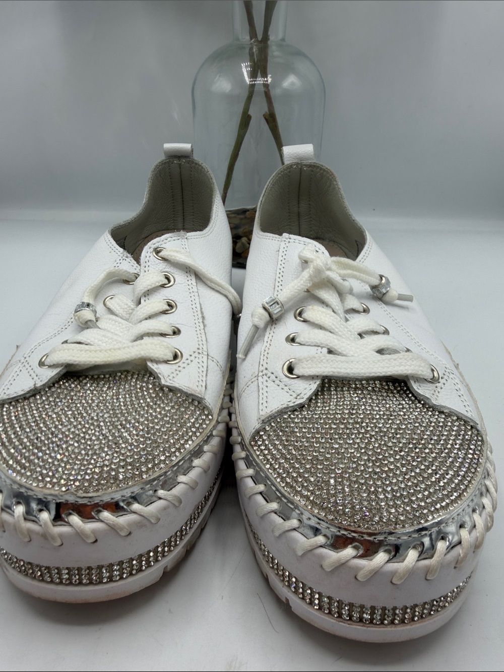 Women's White Crystal-Toe Leather Sneakers - Picture 2 of 12